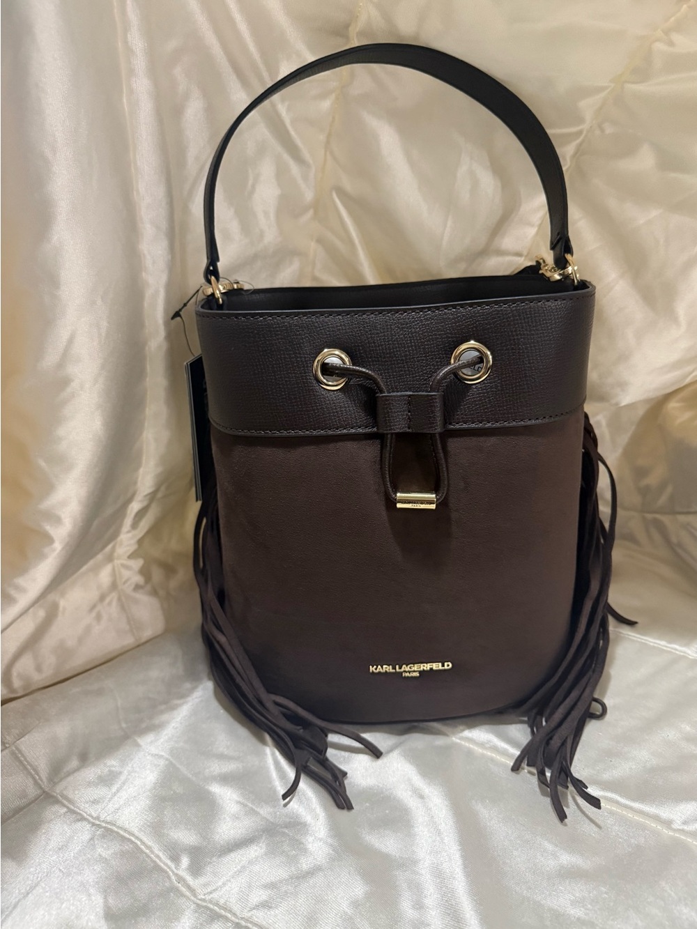 KARL LAGERFELD Dark Brown Leather Fringe Shoulder Bucket Bag with Gold Hardware